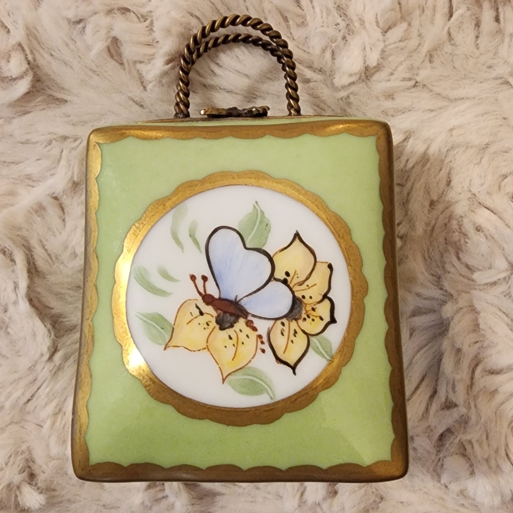 Limoges Green and Gold Floral Trinket Box